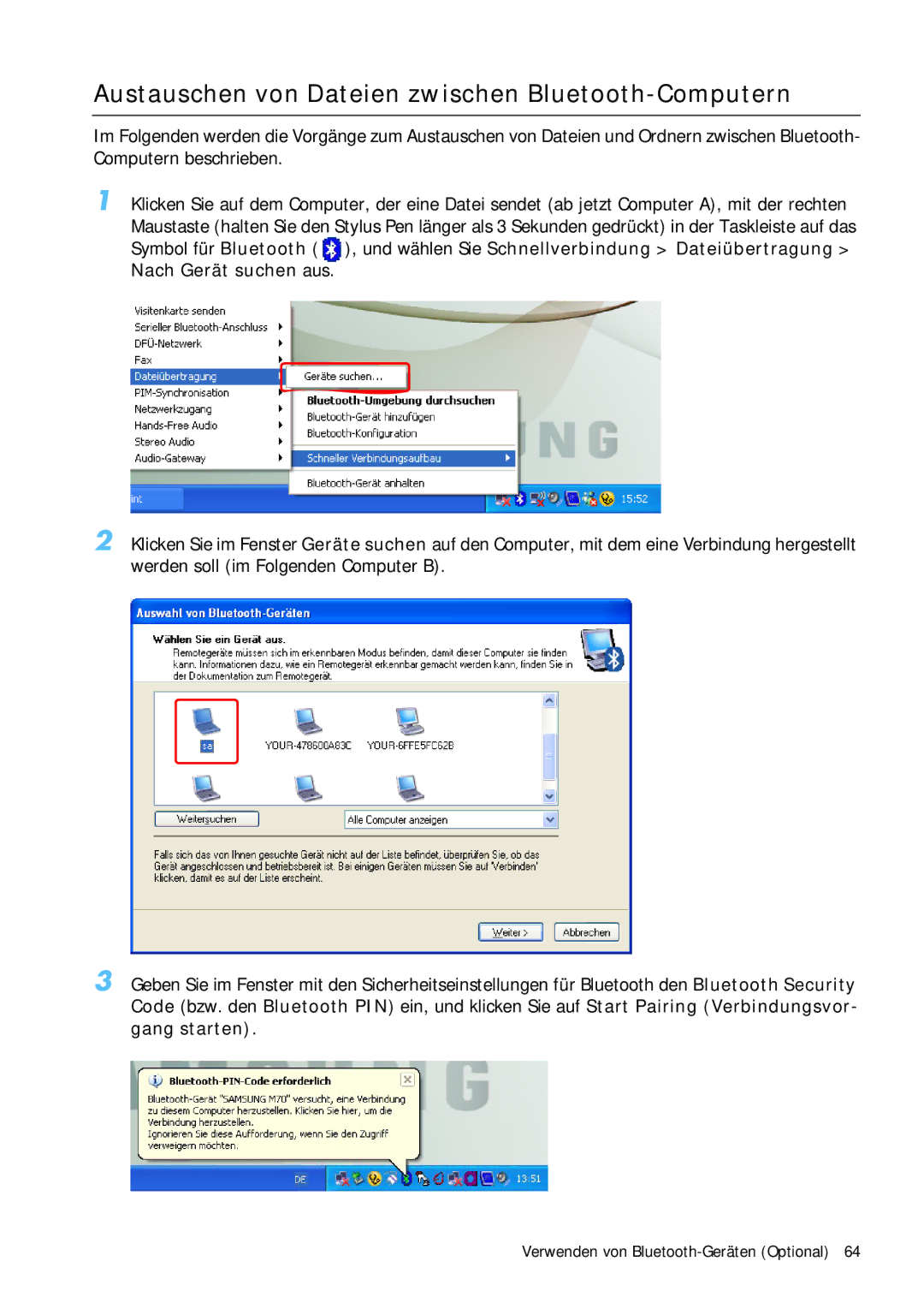 Samsung NP-Q1BV001/SEG, NP-Q1BV000/SEG manual Austauschen von Dateien zwischen Bluetooth-Computern 