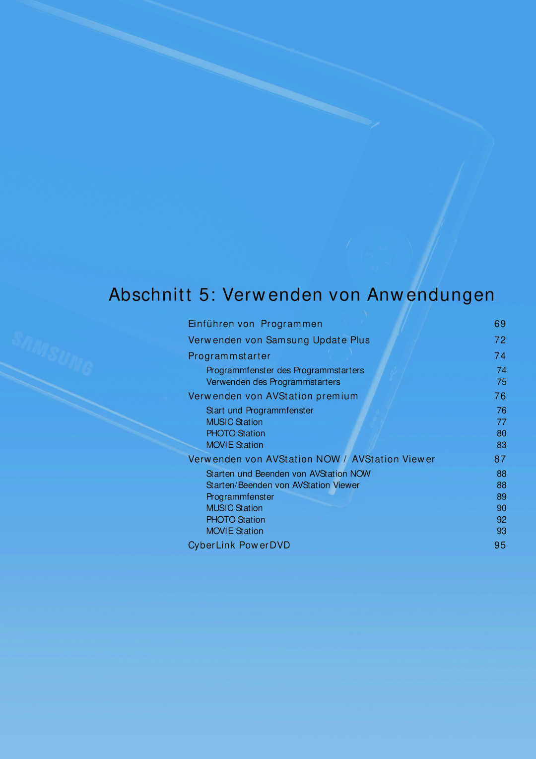 Samsung NP-Q1BV001/SEG manual Abschnitt 5 Verwenden von Anwendungen, Verwenden von AVStation NOW / AVStation Viewer 