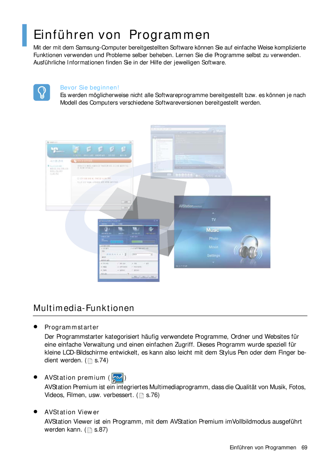 Samsung NP-Q1BV000/SEG, NP-Q1BV001/SEG Einführen von Programmen, Multimedia-Funktionen, Programmstarter, AVStation premium 