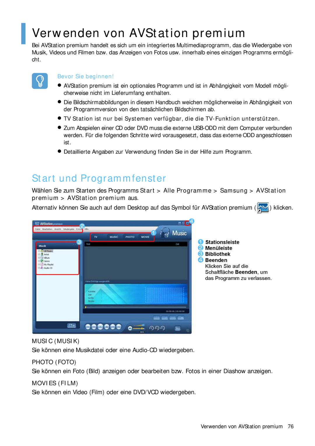 Samsung NP-Q1BV001/SEG, NP-Q1BV000/SEG manual Verwenden von AVStation premium, Start und Programmfenster 
