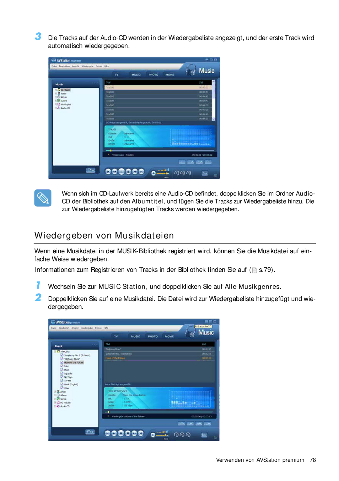 Samsung NP-Q1BV001/SEG, NP-Q1BV000/SEG manual Wiedergeben von Musikdateien 