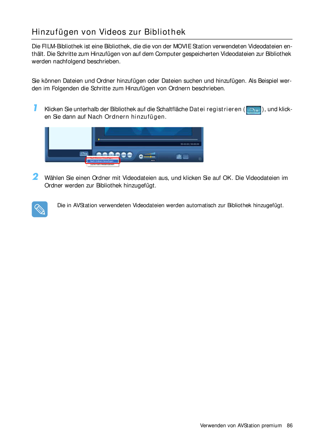 Samsung NP-Q1BV001/SEG, NP-Q1BV000/SEG manual Hinzufügen von Videos zur Bibliothek, En Sie dann auf Nach Ordnern hinzufügen 