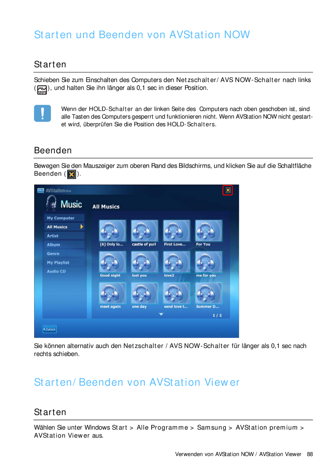 Samsung NP-Q1BV001/SEG, NP-Q1BV000/SEG manual Starten und Beenden von AVStation NOW, Starten/Beenden von AVStation Viewer 