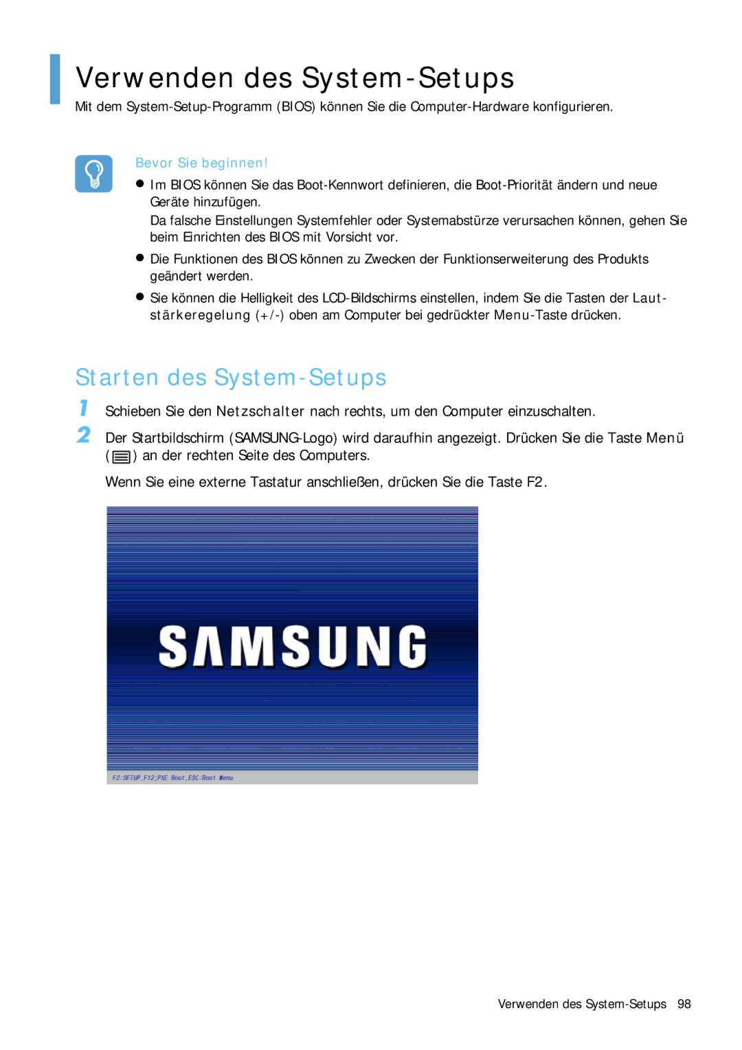 Samsung NP-Q1BV001/SEG, NP-Q1BV000/SEG manual Verwenden des System-Setups, Starten des System-Setups 