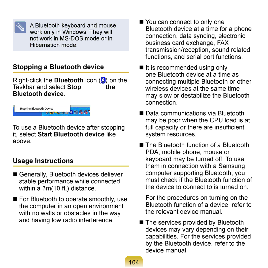 Samsung NP-Q1UA000/SES, NP-Q1U/YM/SEG, NP-Q1U/001/SEG, NP-Q1UR000/SEG manual Stopping a Bluetooth device, Usage Instructions 