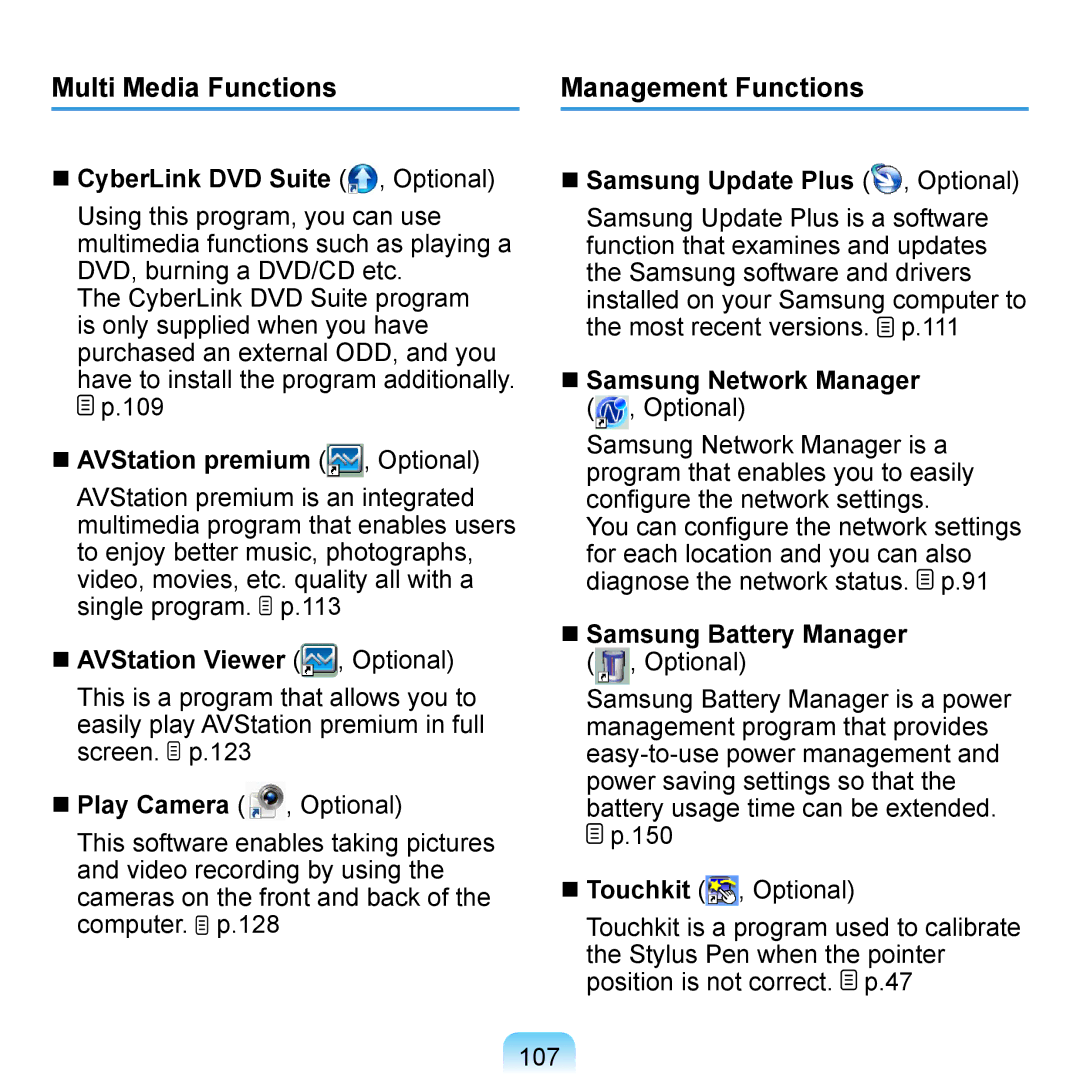 Samsung NP-Q1U/000/SER, NP-Q1U/YM/SEG, NP-Q1U/001/SEG, NP-Q1UR000/SEG manual Multi Media Functions, Management Functions 