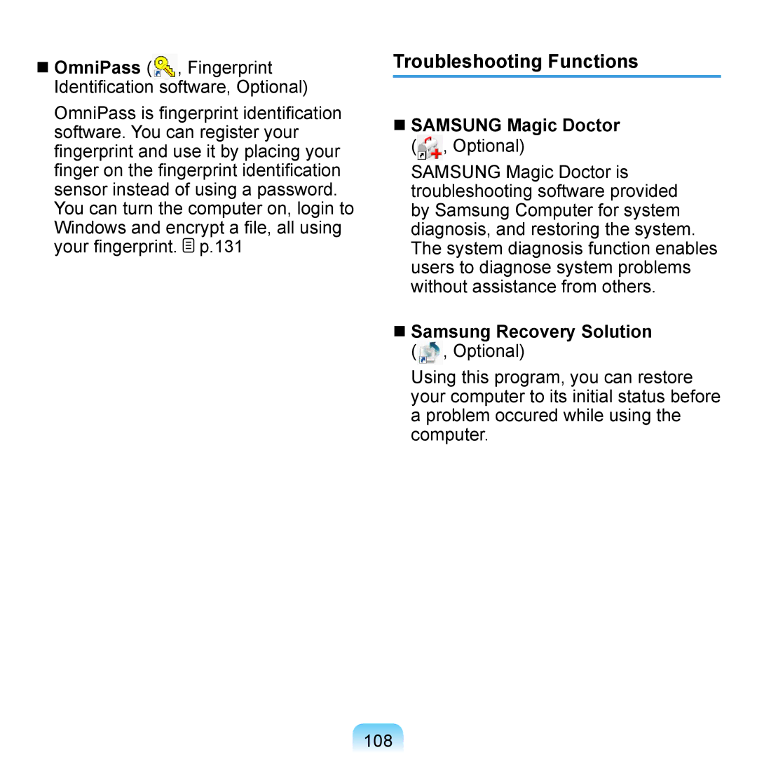 Samsung NP-Q1UR000/SER manual Troubleshooting Functions,  Samsung Magic Doctor, Optional,  Samsung Recovery Solution 