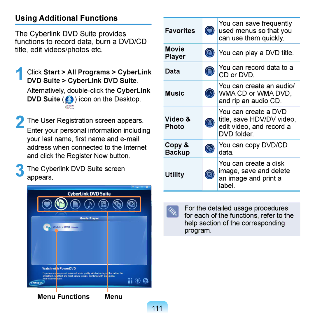 Samsung NP-Q1U/YM/SEG, NP-Q1U/001/SEG, NP-Q1UR000/SEG, NP-Q1U/000/SEG, NP-Q1U/BAY/SEG manual Using Additional Functions, 111 