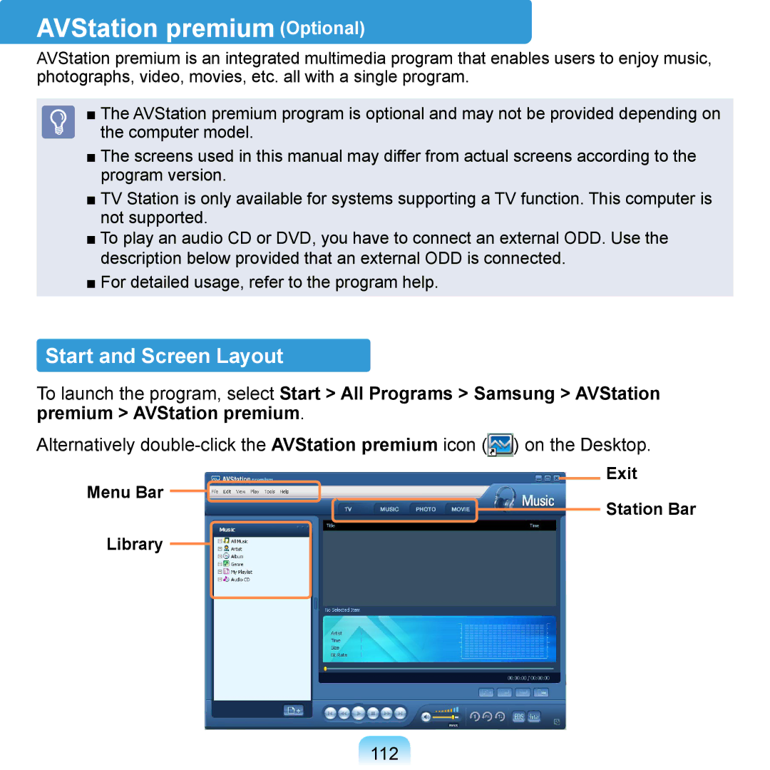 Samsung NP-Q1U/001/SEG manual AVStation premium Optional, Start and Screen Layout, 112, Menu Bar Library Exit Station Bar 