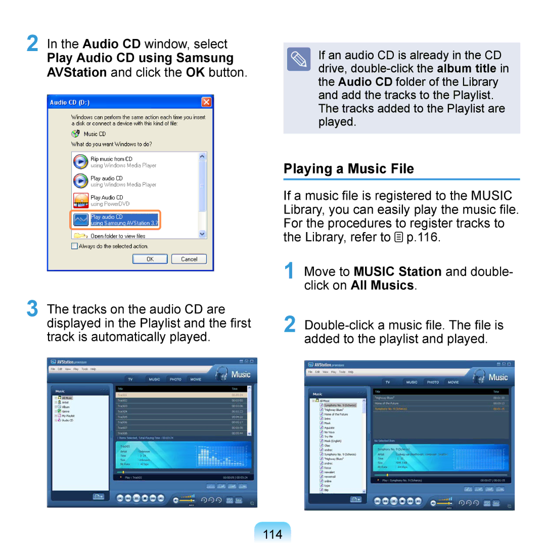 Samsung NP-Q1U/000/SEG, NP-Q1U/YM/SEG manual Playing a Music File, Audio CD window, select, Play Audio CD using Samsung 