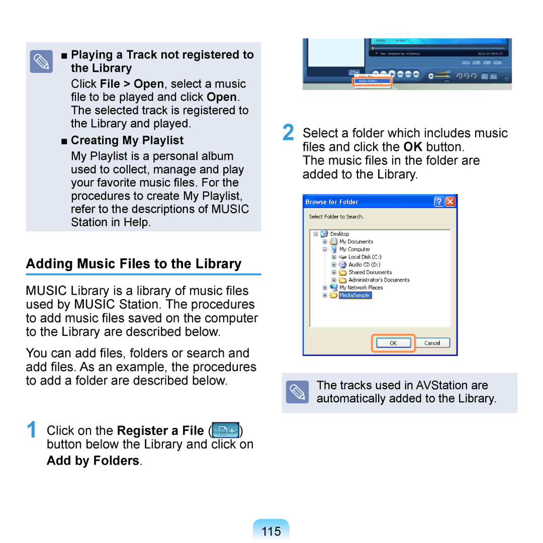 Samsung NP-Q1U/BAY/SEG, NP-Q1U/YM/SEG Adding Music Files to the Library, Click on the Register a File, Add by Folders, 115 