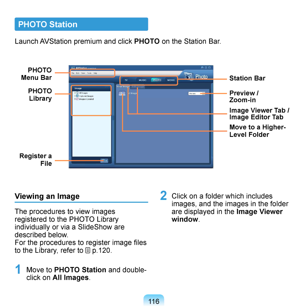 Samsung NP-Q1UA000/SEG manual Photo Station, Viewing an Image, Launch AVStation premium and click Photo on the Station Bar 