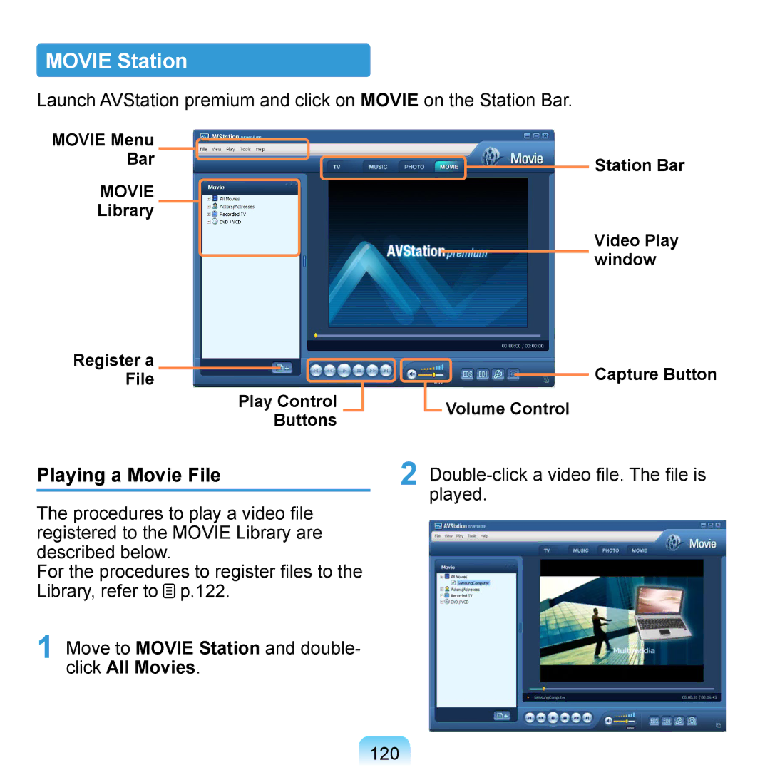 Samsung NP-Q1U/NLX/SEF manual Playing a Movie File, Move to Movie Station and double- click All Movies, Movie Menu Bar 