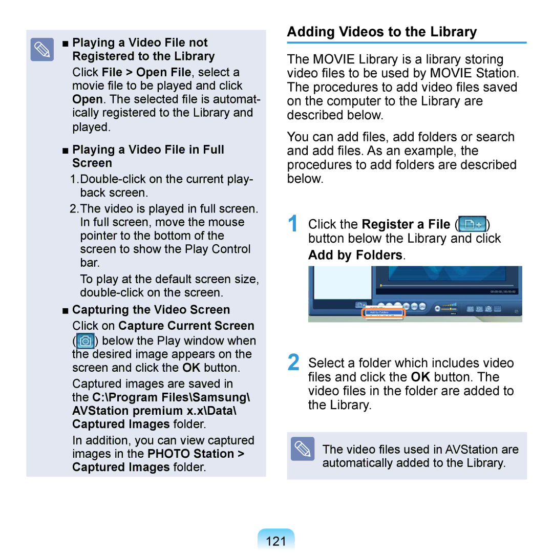 Samsung NP-Q1UFY01/SEF, NP-Q1U/YM/SEG, NP-Q1U/001/SEG, NP-Q1UR000/SEG, NP-Q1U/000/SEG manual Adding Videos to the Library, 121 