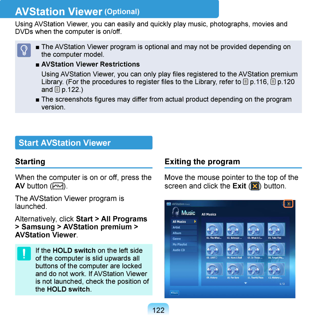 Samsung NP-Q1U/DEL/SEF, NP-Q1U/YM/SEG manual AVStation Viewer Optional, Start AVStation Viewer, Starting Exiting the program 