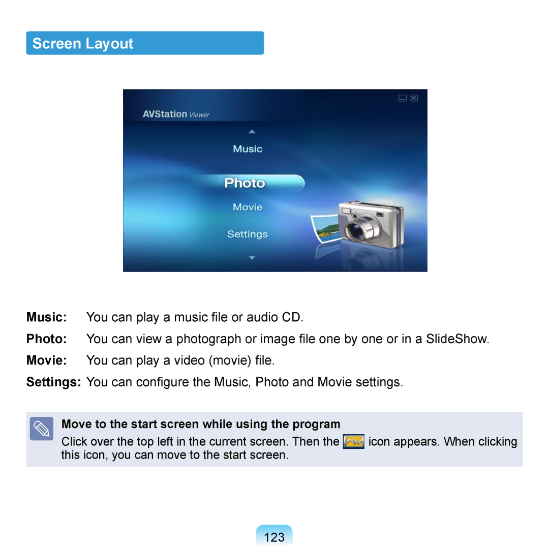 Samsung NP-Q1U/001/SEF, NP-Q1U/YM/SEG, NP-Q1U/001/SEG Screen Layout, 123, Move to the start screen while using the program 