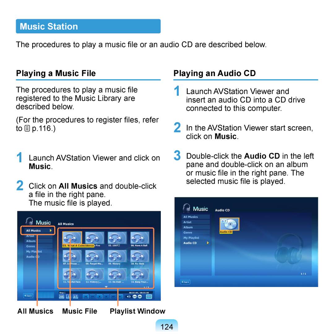 Samsung NP-Q1U/YM/SEF, NP-Q1U/YM/SEG, NP-Q1U/001/SEG, NP-Q1UR000/SEG manual 124, All Musics Music File Playlist Window 