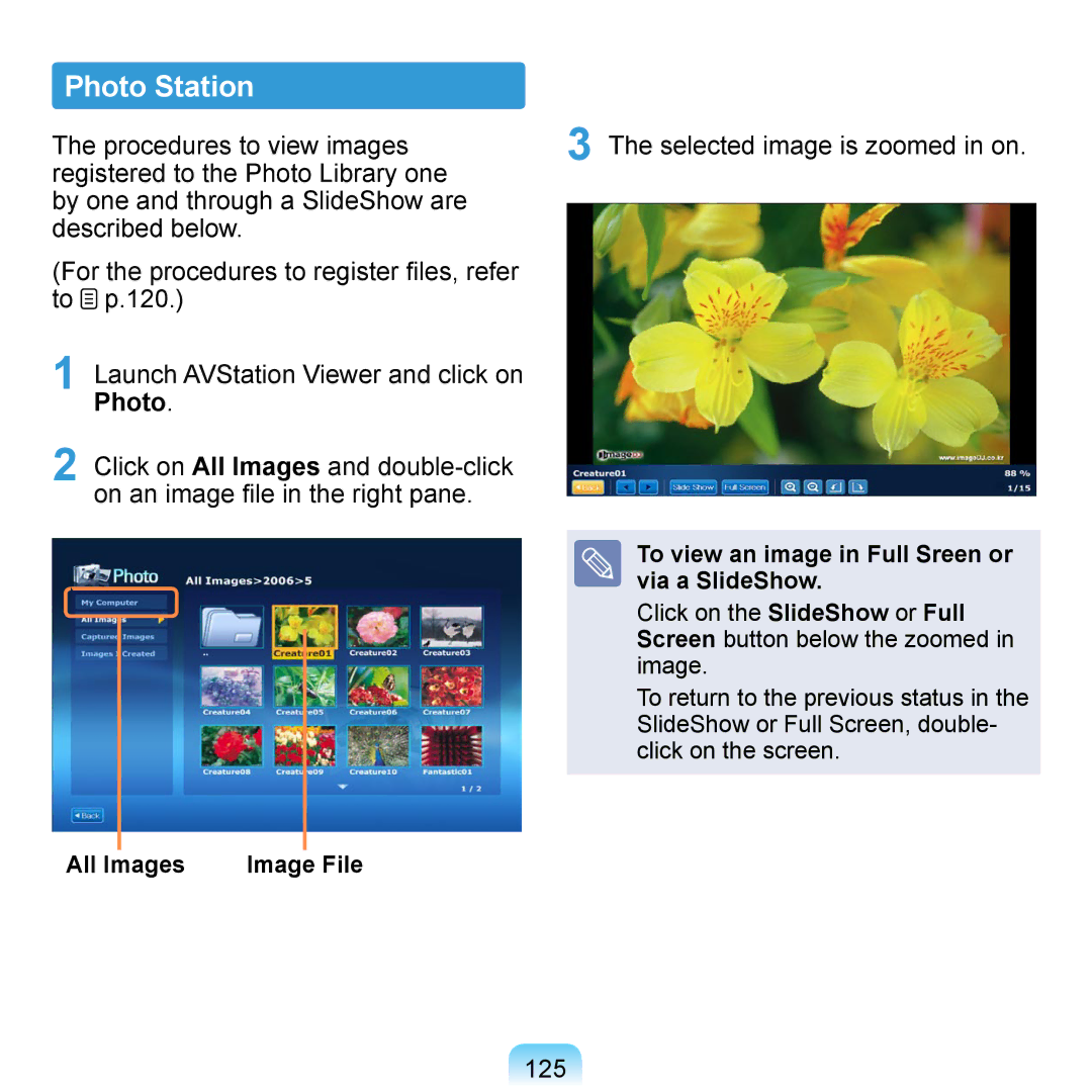 Samsung NP-Q1U-AIR/SEF, NP-Q1U/YM/SEG, NP-Q1U/001/SEG, NP-Q1UR000/SEG, NP-Q1U/000/SEG Procedures to view images, Photo, 125 