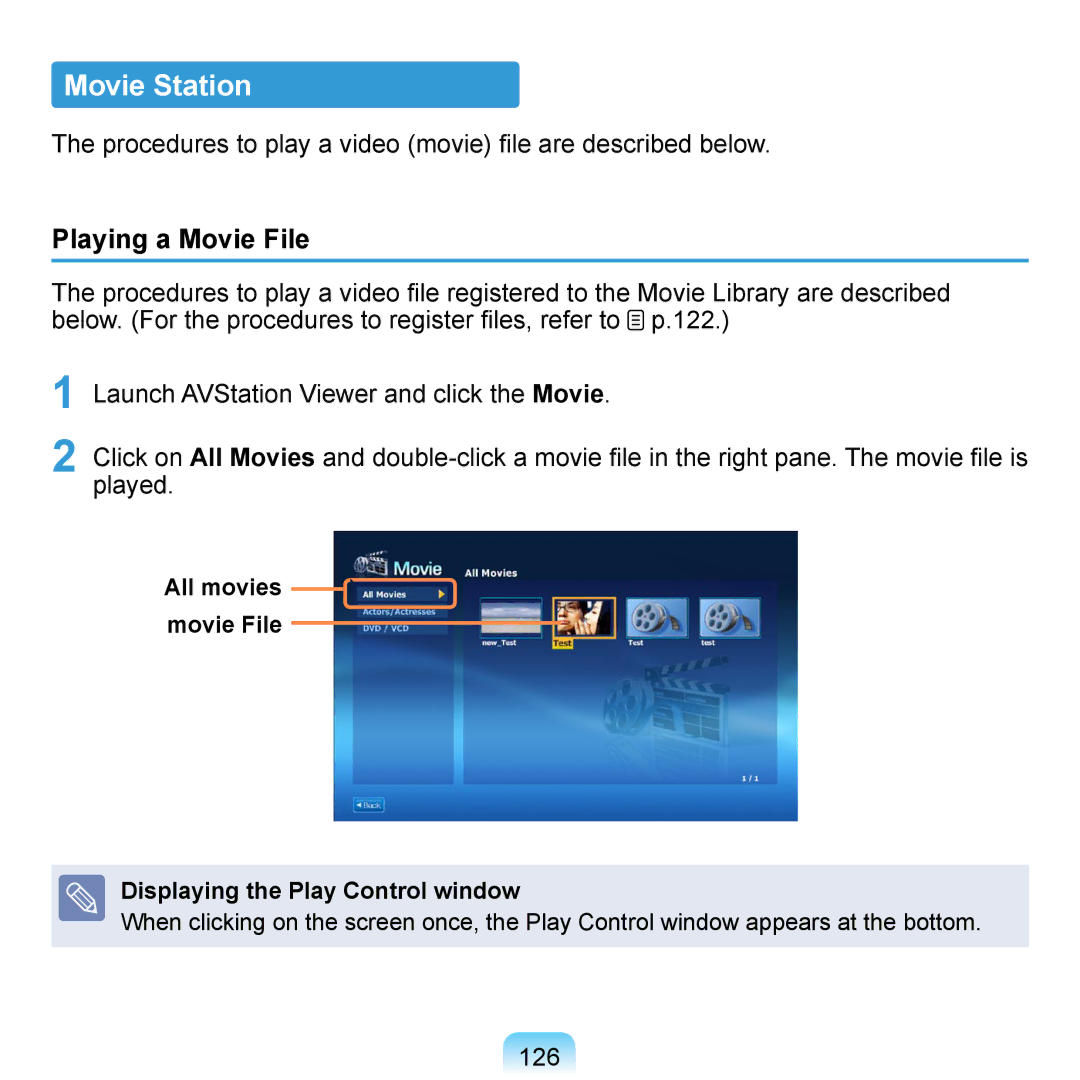 Samsung NP-Q1U-003/SEF, NP-Q1U/YM/SEG, NP-Q1U/001/SEG manual Procedures to play a video movie file are described below, 126 