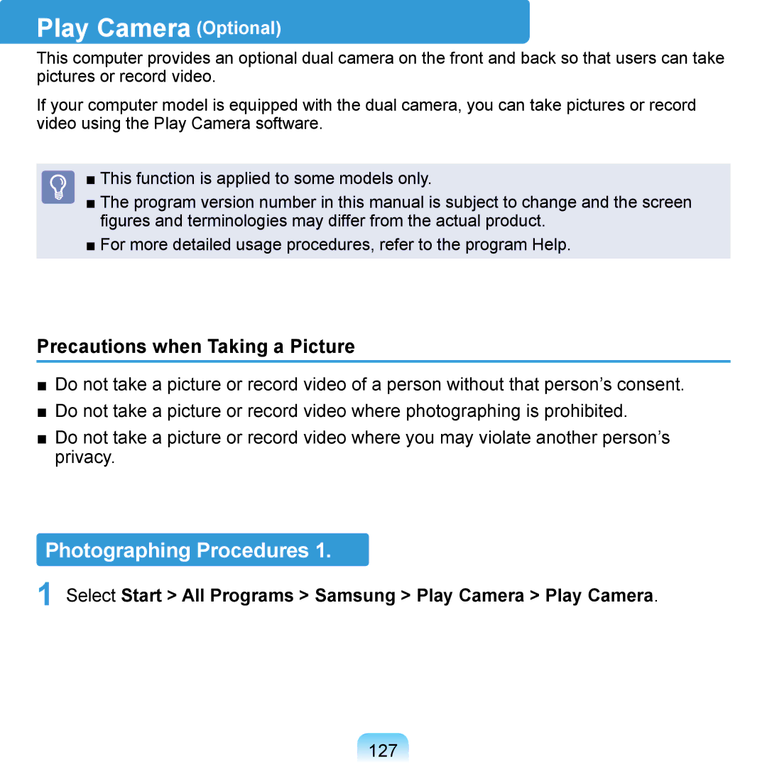 Samsung NP-Q1U/Y01/SEF manual Play Camera Optional, Photographing Procedures, Precautions when Taking a Picture, 127 