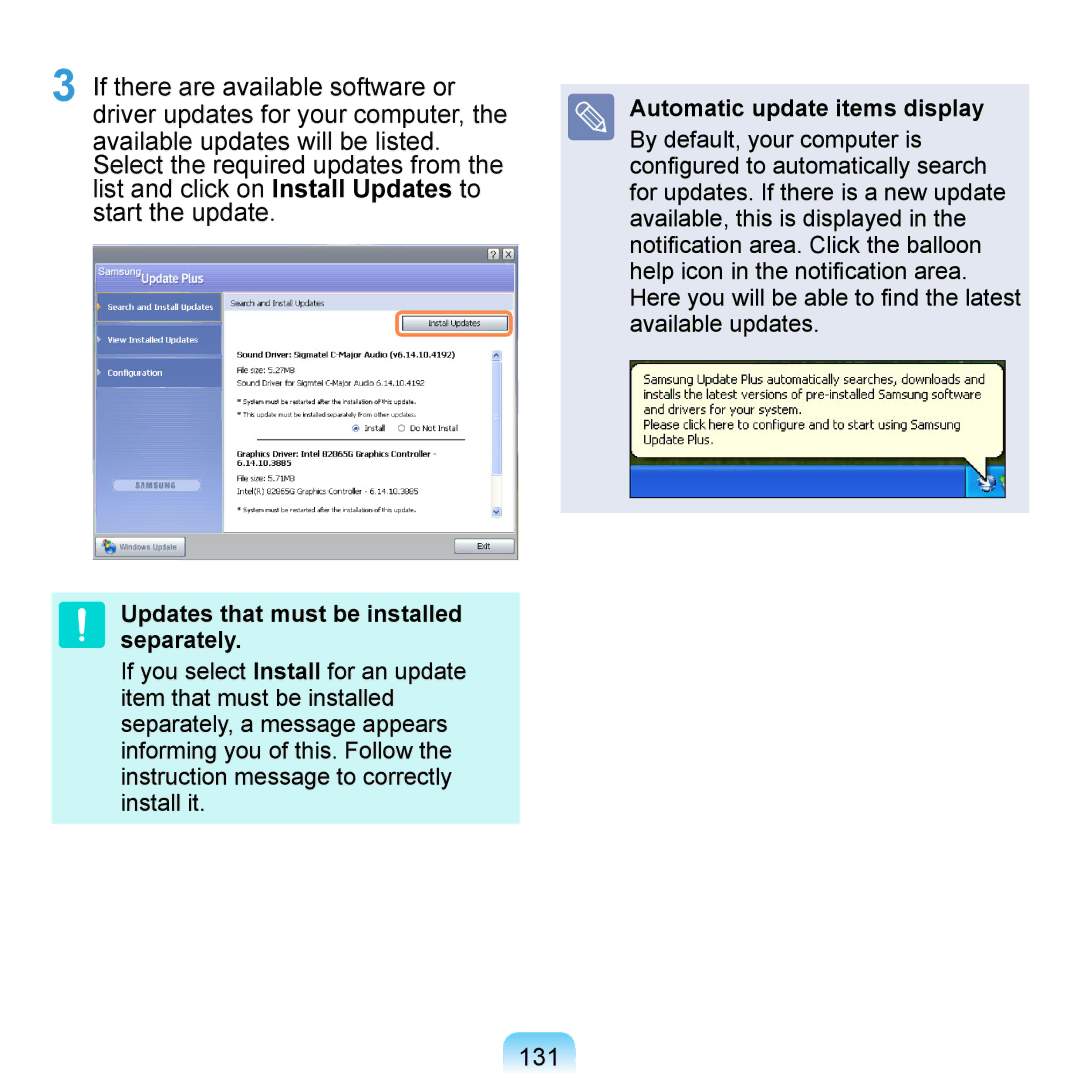 Samsung NP-Q1U/E02/SEI, NP-Q1U/YM/SEG manual 131, Updates that must be installed separately, Automatic update items display 