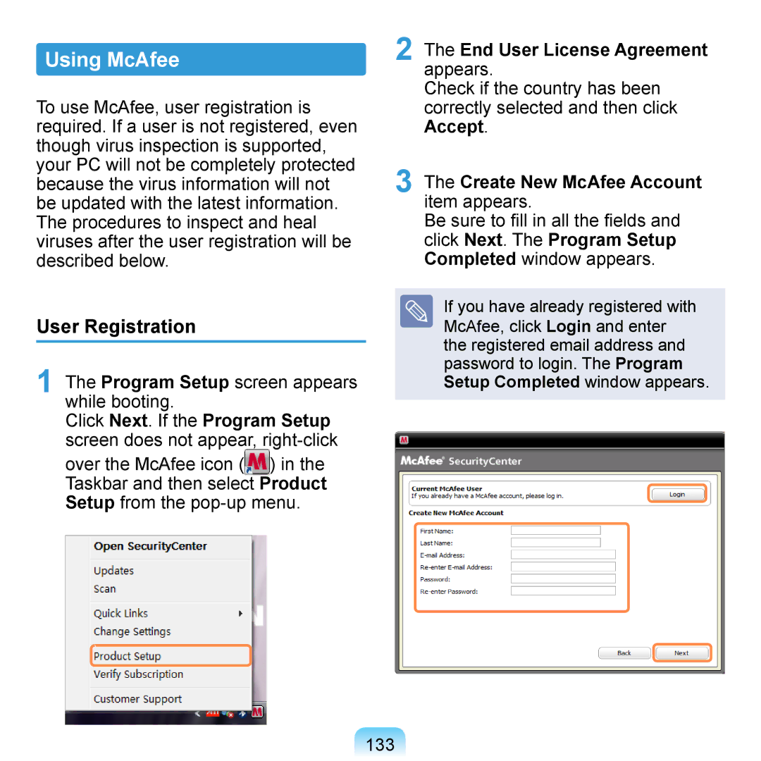 Samsung NP-Q1U/000/SEI, NP-Q1U/YM/SEG manual Using McAfee, User Registration, Program Setup screen appears while booting 