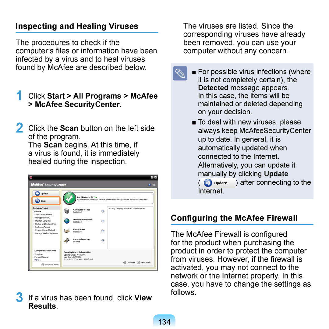 Samsung NP-Q1U/001/SEI, NP-Q1U/YM/SEG, NP-Q1U/001/SEG manual Inspecting and Healing Viruses, Configuring the McAfee Firewall 