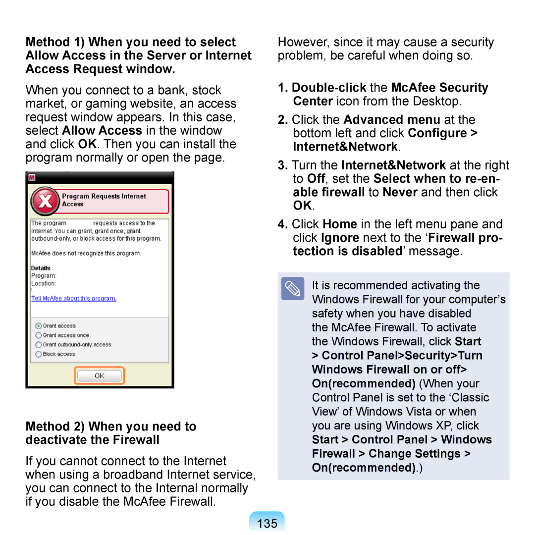 Samsung NP-Q1U/E00/SEI, NP-Q1U/YM/SEG manual Method 2 When you need to deactivate the Firewall, Internet&Network, 135 