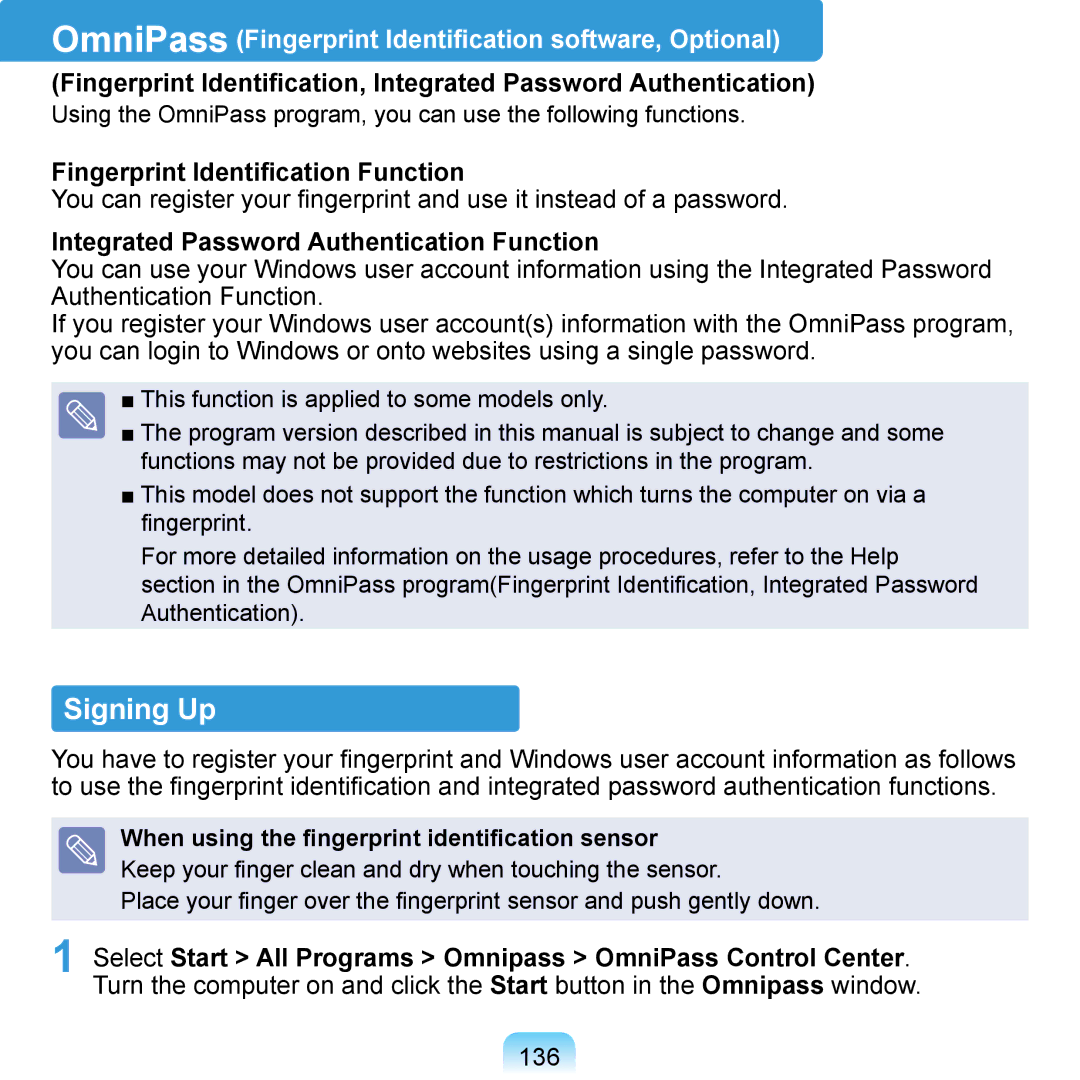 Samsung NP-Q1U/E03/SEI Signing Up, Fingerprint Identification Function, Integrated Password Authentication Function, 136 