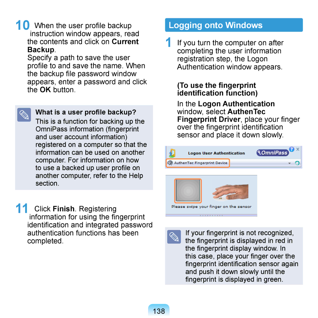 Samsung NP-Q1U/002/SEI, NP-Q1U/YM/SEG manual Logging onto Windows, To use the fingerprint identification function, 138 