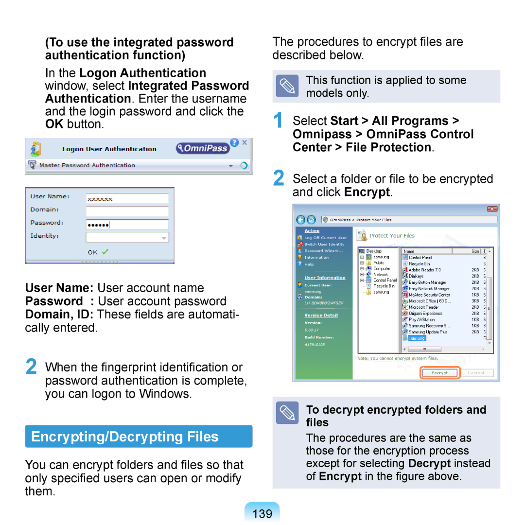 Samsung NP-Q1U/001/SES manual Encrypting/Decrypting Files, Select a folder or file to be encrypted and click Encrypt, 139 