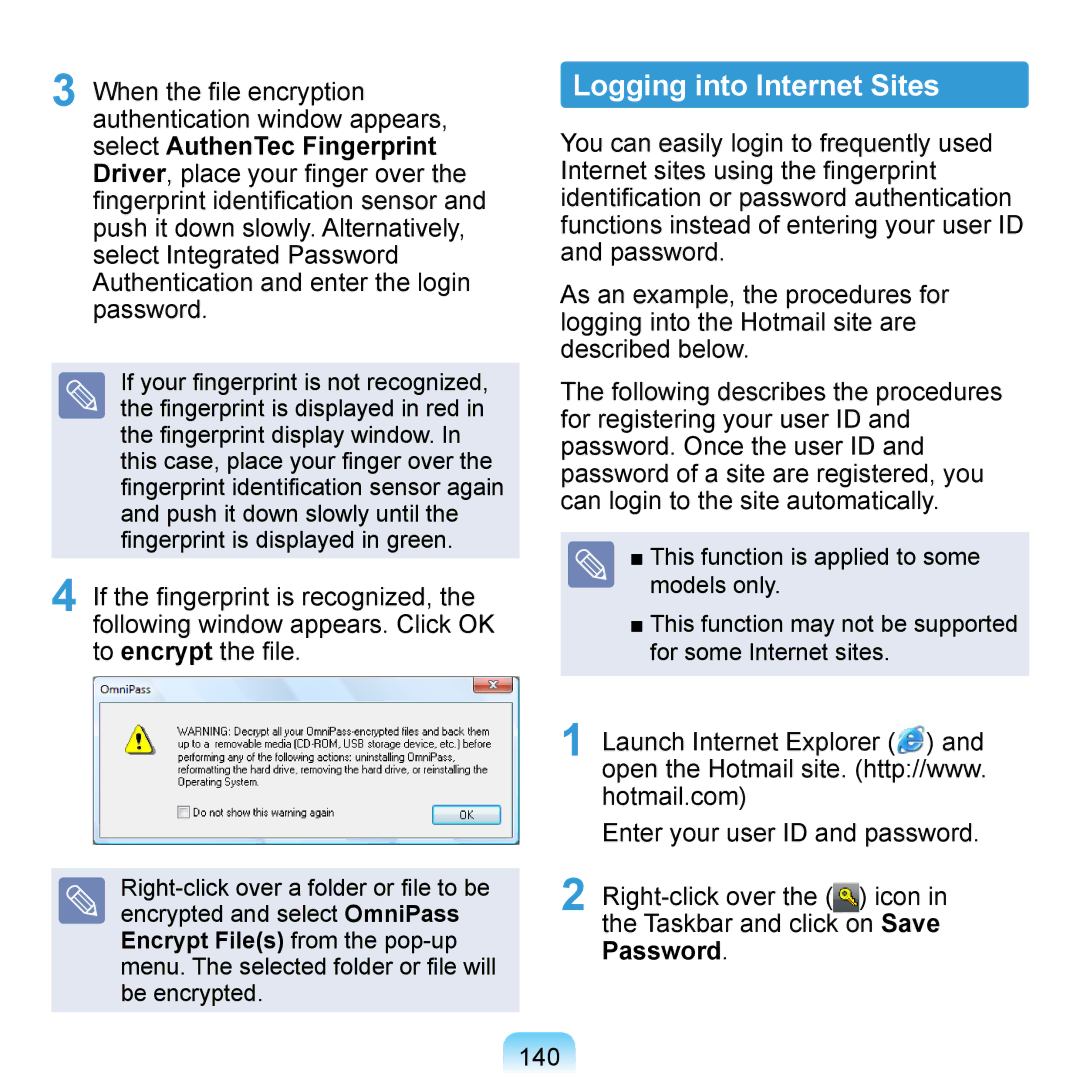 Samsung NP-Q1U/YM/SES Logging into Internet Sites, Launch Internet Explorer, Open the Hotmail site. http//www, Password 