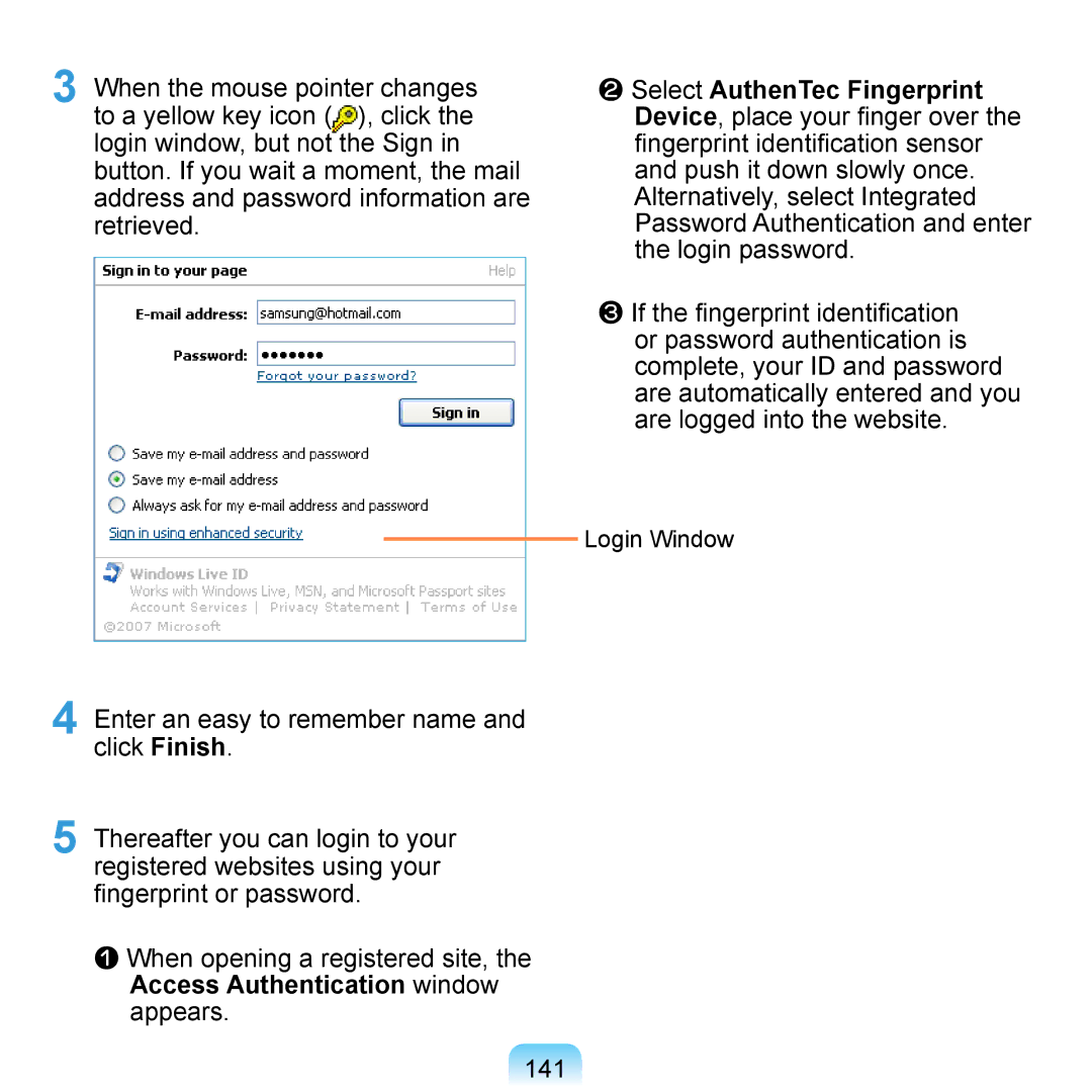 Samsung NP-Q1UA000/SES, NP-Q1U/YM/SEG, NP-Q1U/001/SEG, NP-Q1UR000/SEG, NP-Q1U/000/SEG manual Select AuthenTec Fingerprint 