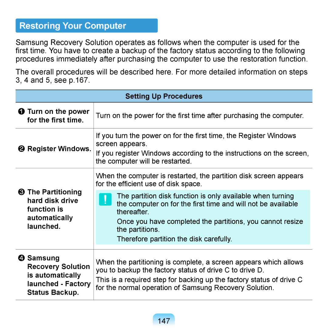 Samsung NP-Q1UF000/SER, NP-Q1U/YM/SEG, NP-Q1U/001/SEG, NP-Q1UR000/SEG, NP-Q1U/000/SEG manual Restoring Your Computer, 147 