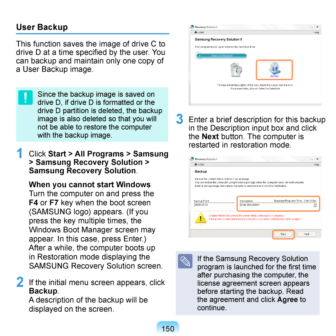 Samsung NP-Q1UR000/SEG, NP-Q1U/YM/SEG, NP-Q1U/001/SEG, NP-Q1U/000/SEG manual User Backup, When you cannot start Windows, 150 