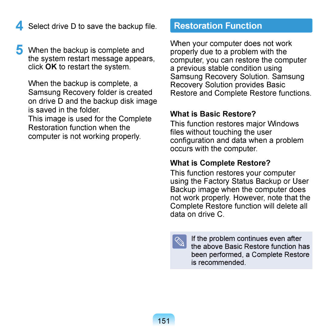 Samsung NP-Q1U/000/SEG manual Restoration Function, Select drive D to save the backup file, What is Basic Restore?, 151 