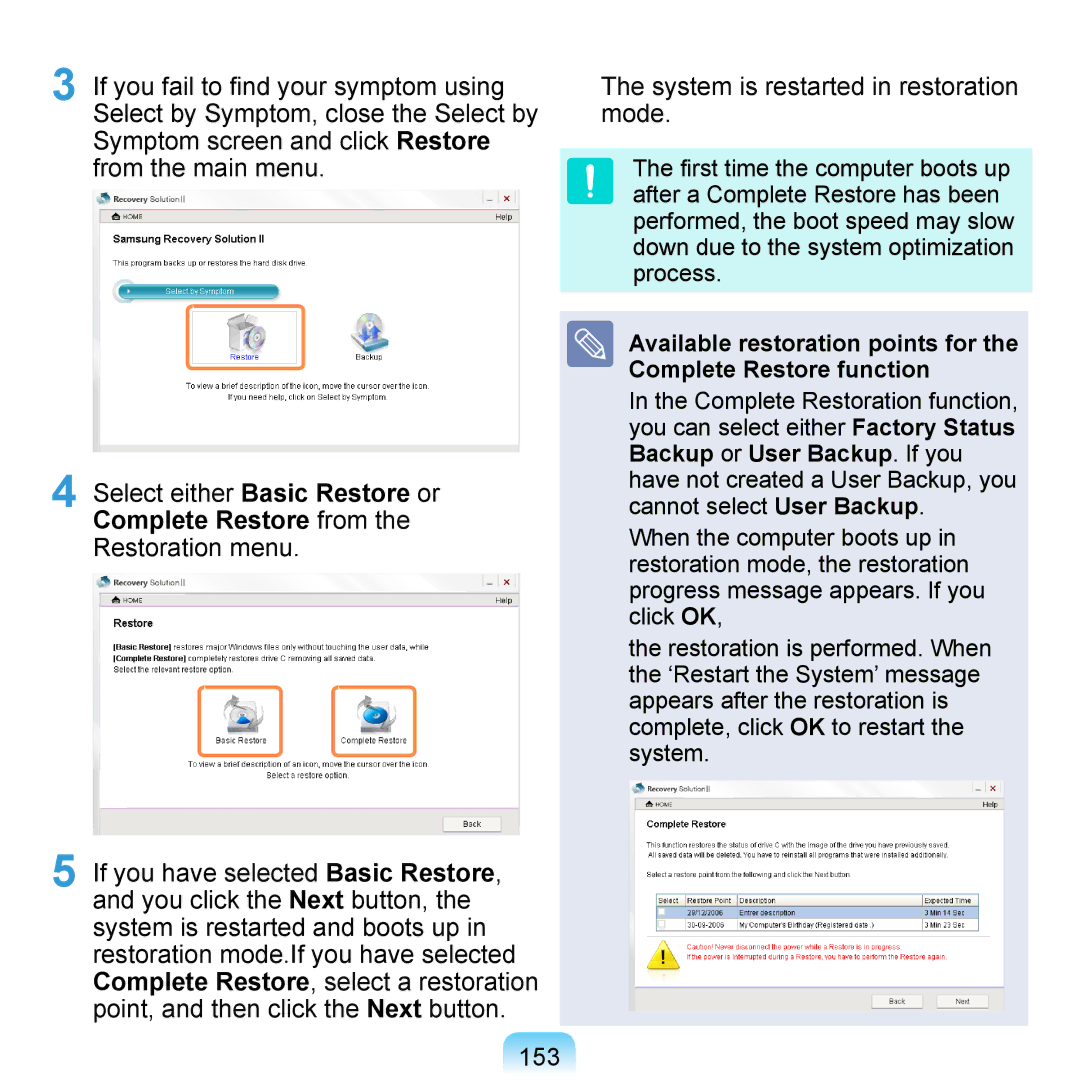 Samsung NP-Q1UA000/SEG, NP-Q1U/YM/SEG, NP-Q1U/001/SEG, NP-Q1UR000/SEG manual System is restarted in restoration mode, 153 
