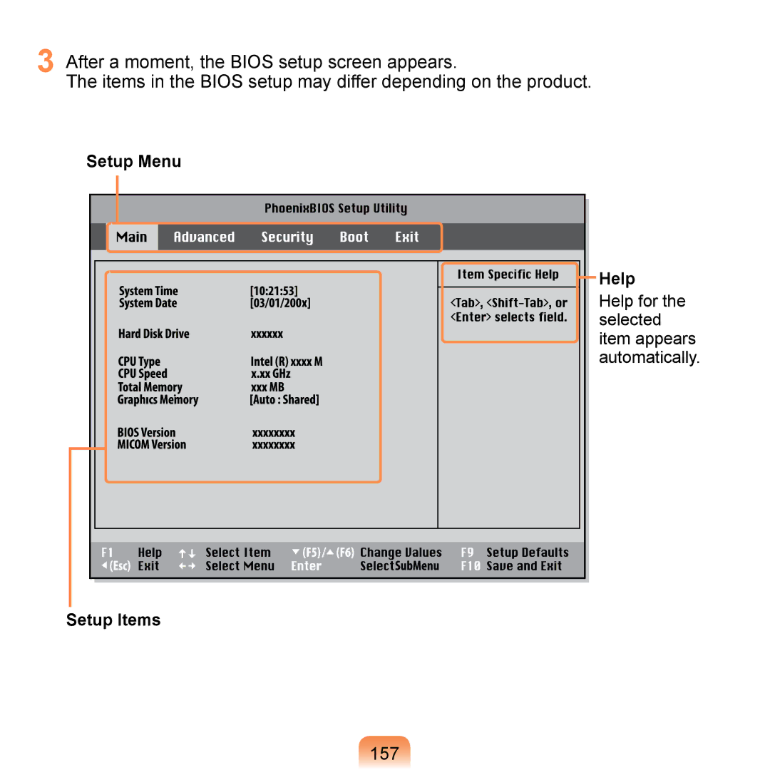 Samsung NP-Q1U/NLX/SEF, NP-Q1U/YM/SEG, NP-Q1U/001/SEG, NP-Q1UR000/SEG, NP-Q1U/000/SEG manual 157, Setup Menu Help, Setup Items 