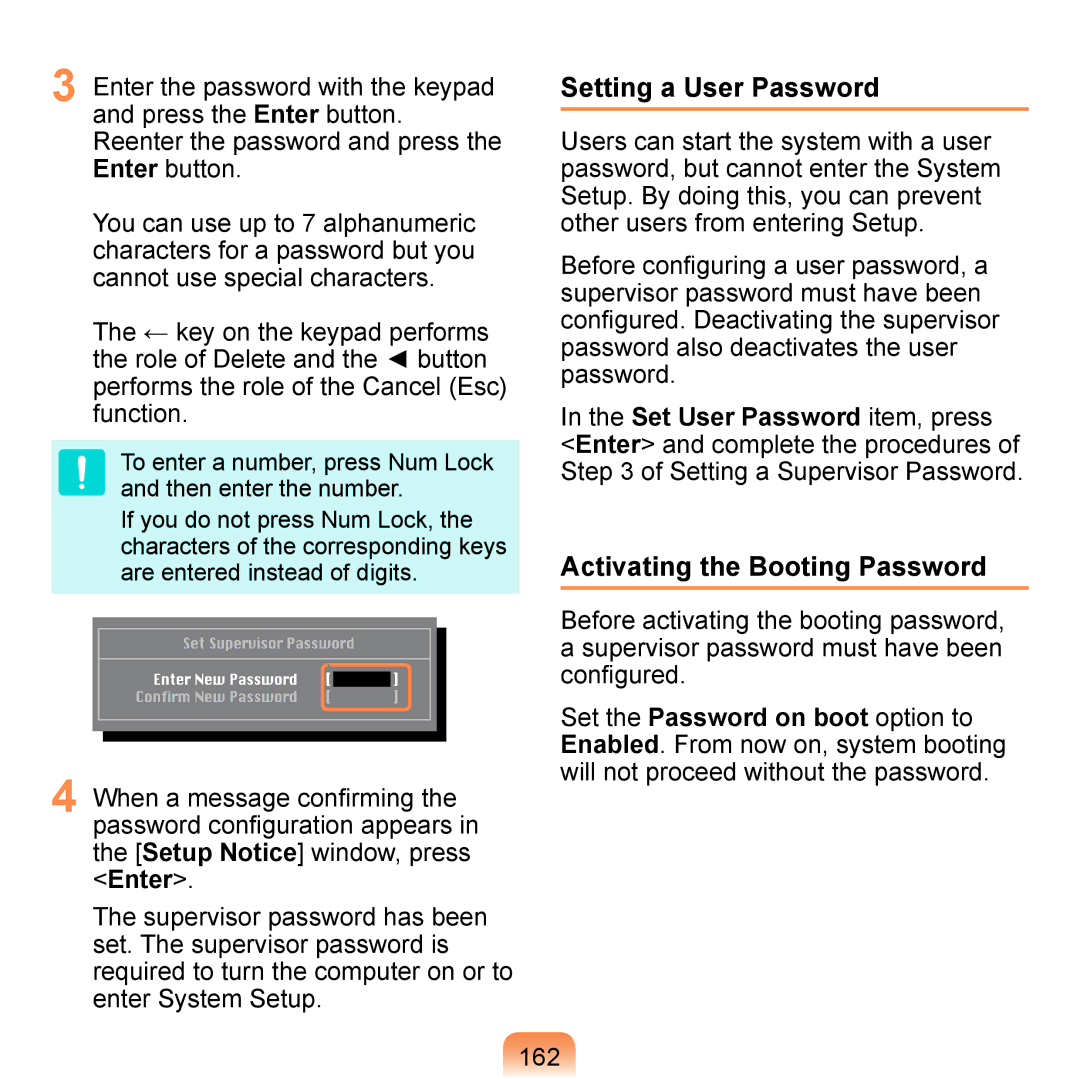 Samsung NP-Q1U-AIR/SEF, NP-Q1U/YM/SEG, NP-Q1U/001/SEG manual Setting a User Password, Activating the Booting Password, 162 