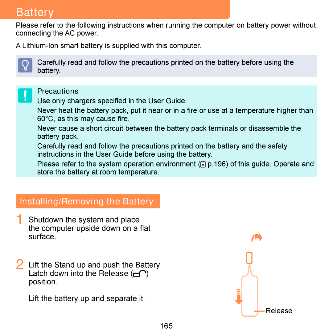 Samsung NP-Q1UA000/SEI, NP-Q1U/YM/SEG, NP-Q1U/001/SEG, NP-Q1UR000/SEG Installing/Removing the Battery, 165, Precautions 