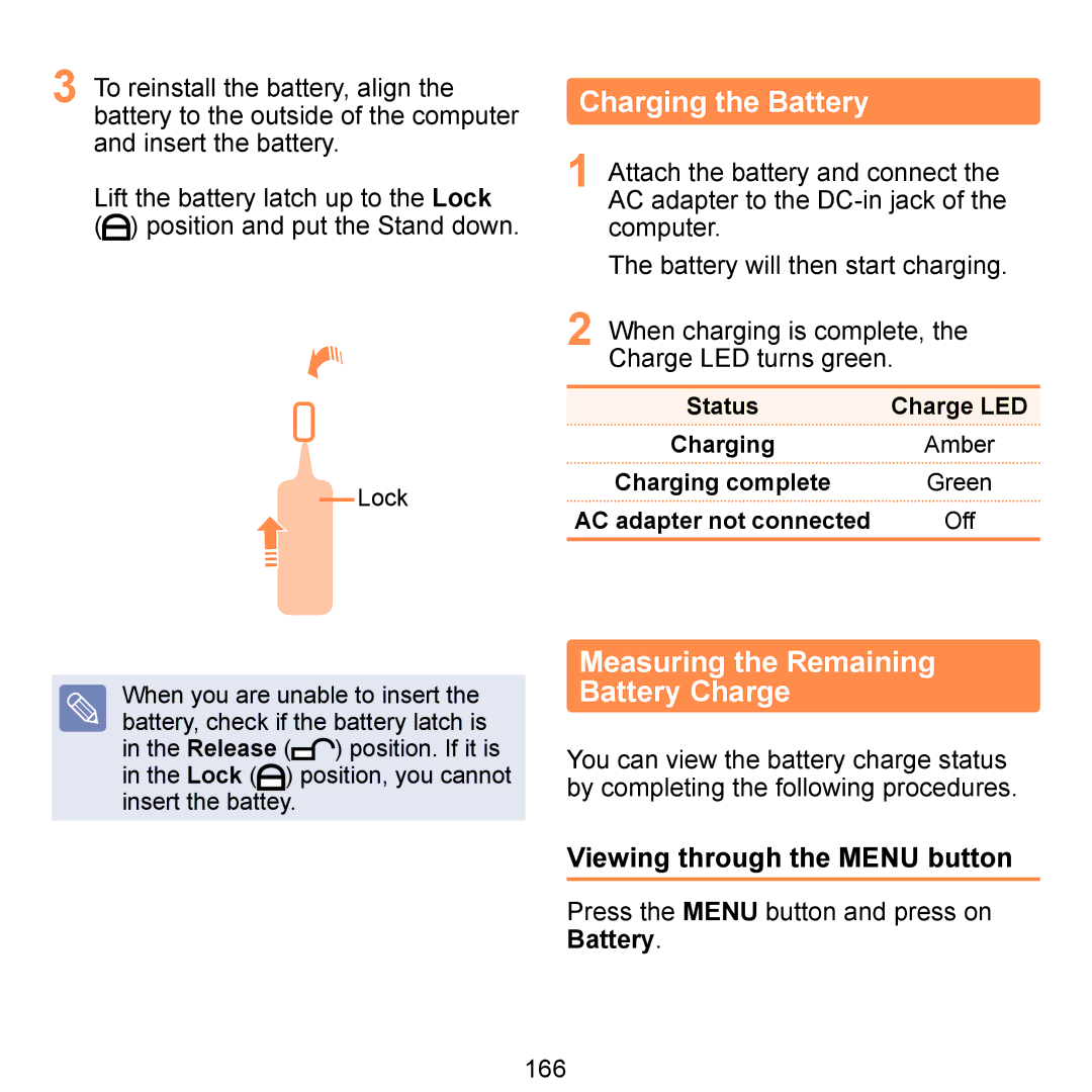 Samsung NP-Q1U/YM/SEI Charging the Battery, Measuring the Remaining Battery Charge, Viewing through the Menu button, 166 