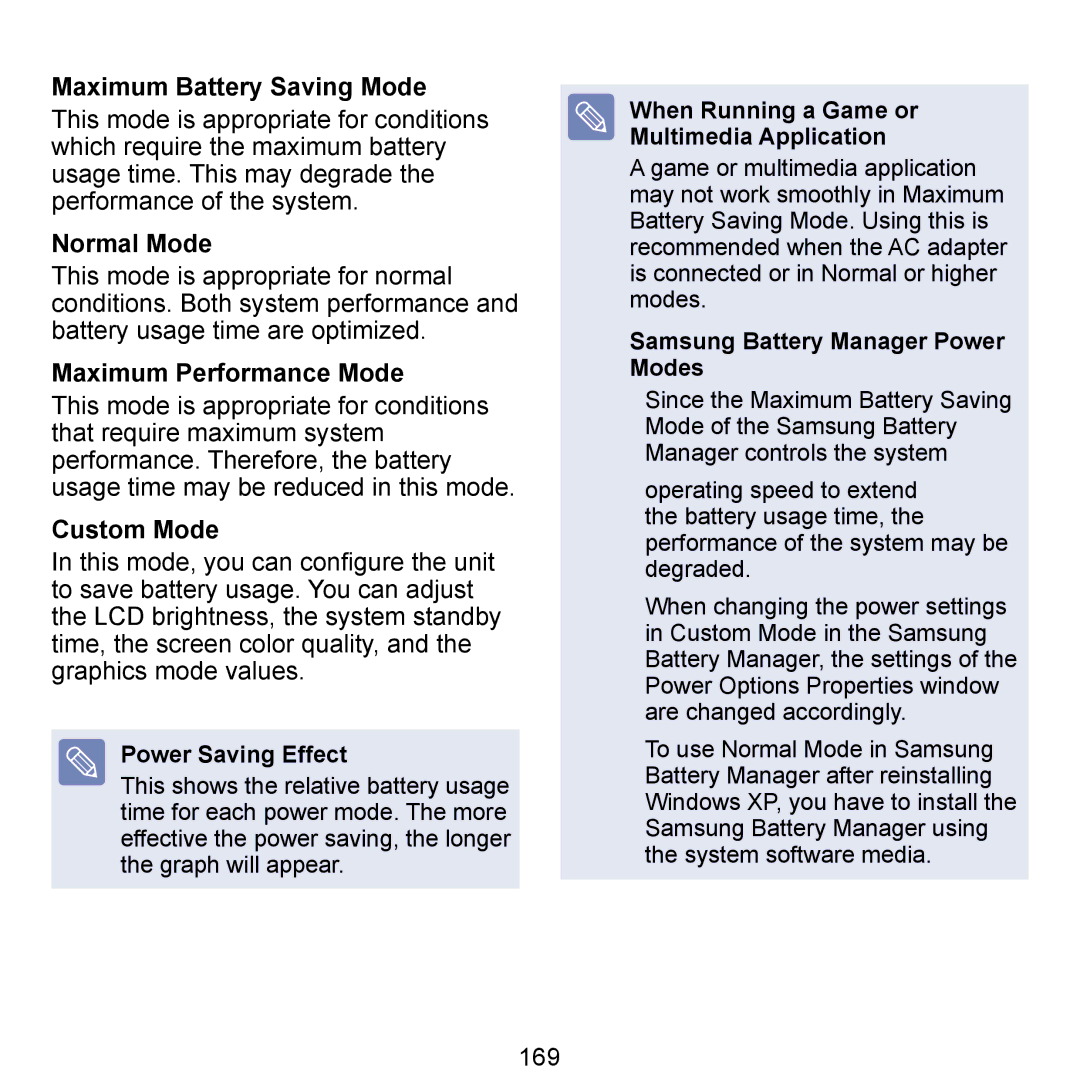 Samsung NP-Q1U/E01/SEI, NP-Q1U/YM/SEG Maximum Battery Saving Mode, Normal Mode, Maximum Performance Mode, Custom Mode, 169 