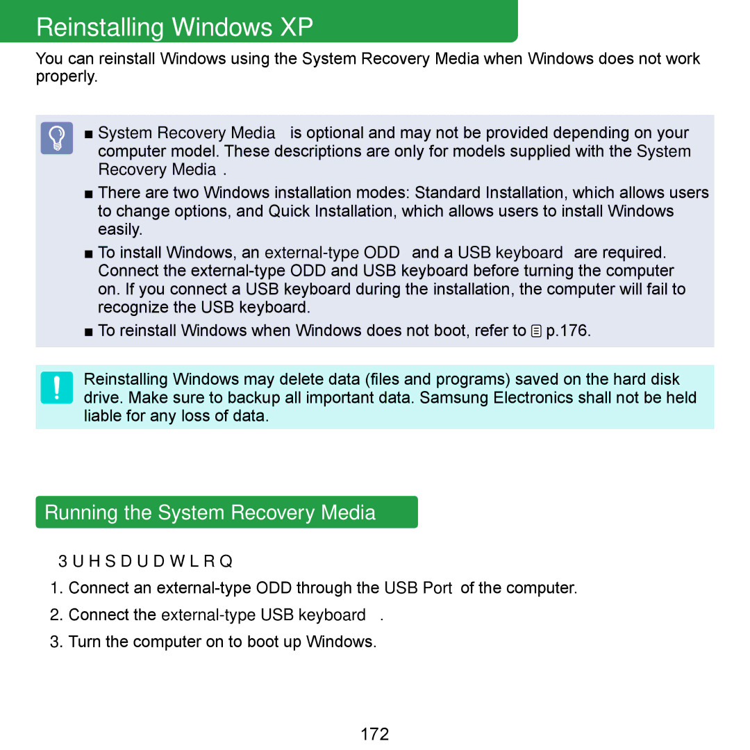 Samsung NP-Q1U/E00/SEI, NP-Q1U/YM/SEG manual Reinstalling Windows XP, Running the System Recovery Media, 172, Preparation 