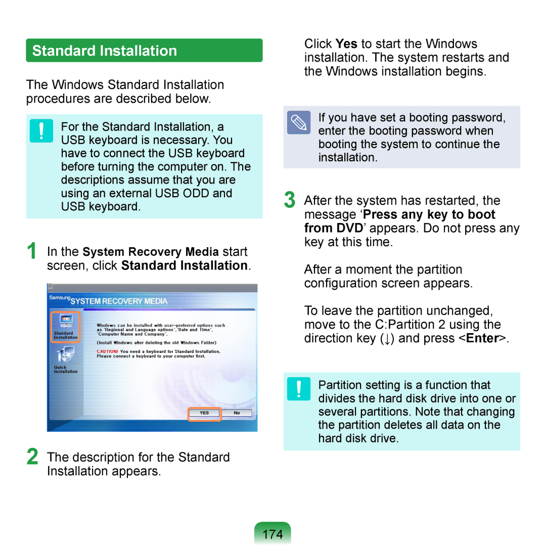 Samsung NP-Q1UF000/SEI, NP-Q1U/YM/SEG, NP-Q1U/001/SEG, NP-Q1UR000/SEG, NP-Q1U/000/SEG manual Standard Installation, 174 