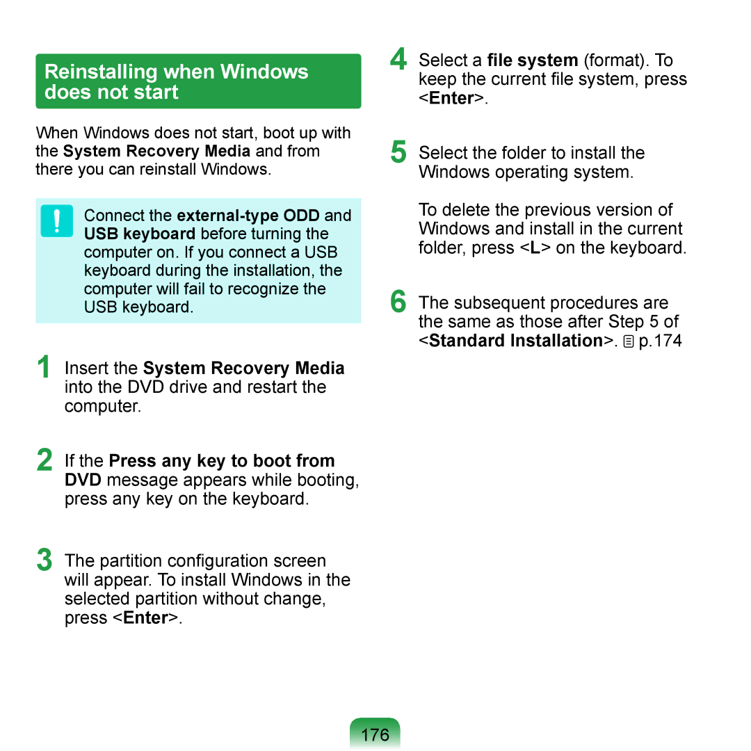 Samsung NP-Q1U/001/SES, NP-Q1U/YM/SEG, NP-Q1U/001/SEG, NP-Q1UR000/SEG manual Reinstalling when Windows does not start, 176 