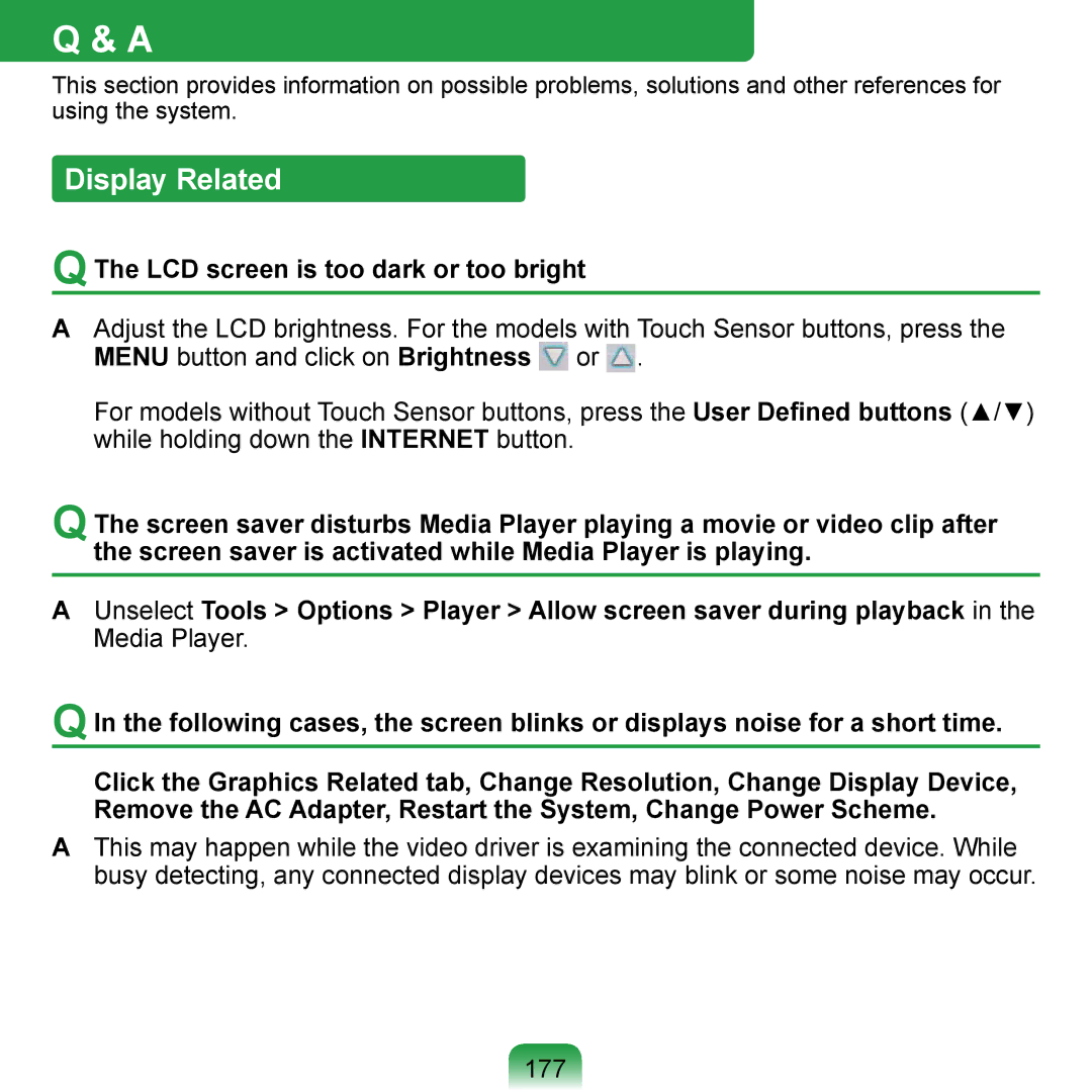 Samsung NP-Q1U/YM/SES, NP-Q1U/YM/SEG, NP-Q1U/001/SEG manual Display Related, LCD screen is too dark or too bright, 177 