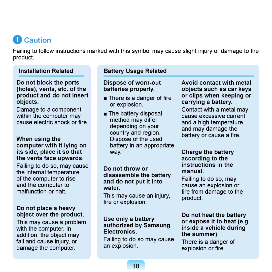 Samsung NP-Q1U/YM/SEI Do not place a heavy object over the product, Or clips when keeping or, Carrying a battery, Water 