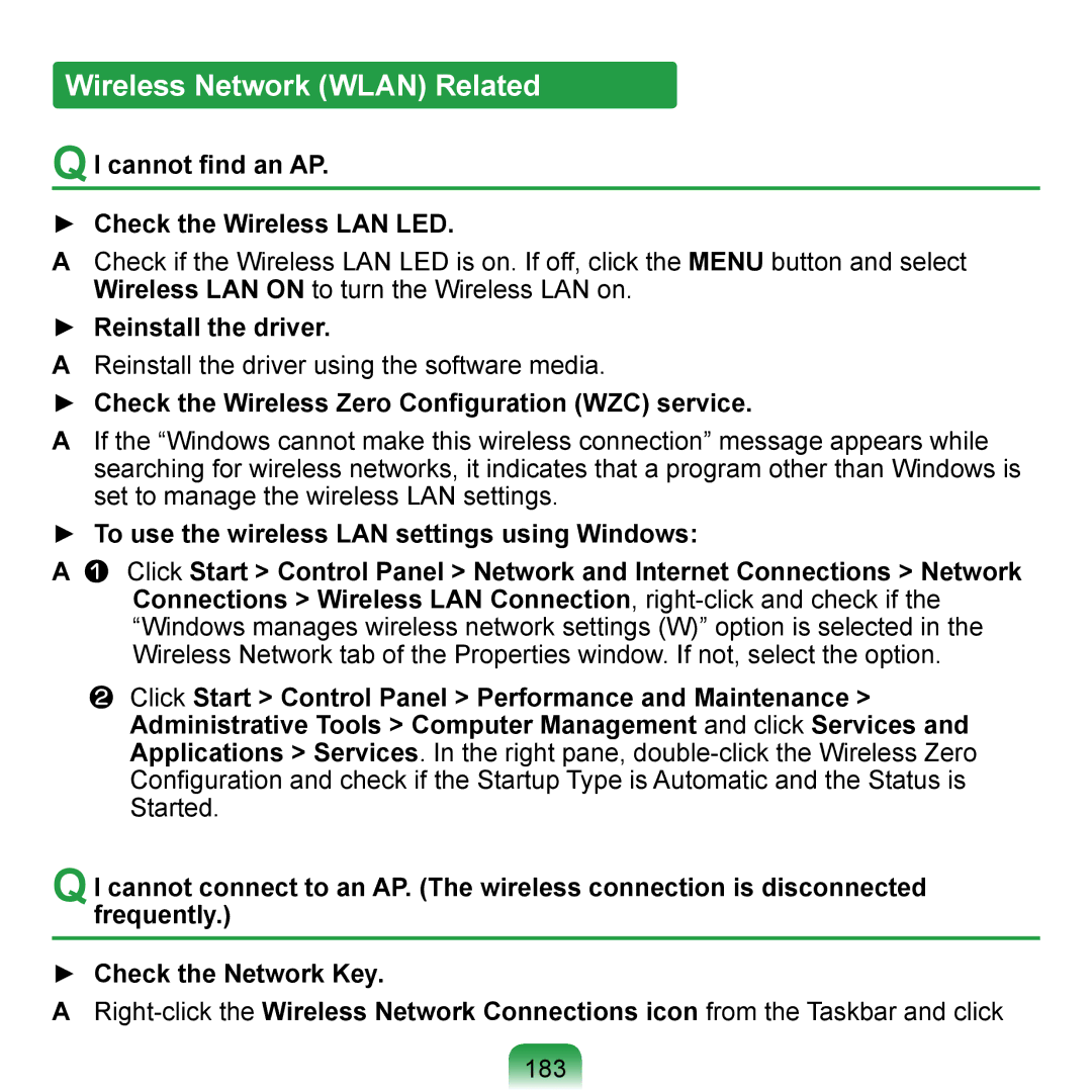 Samsung NP-Q1UA000/SER Wireless Network Wlan Related, Cannot find an AP Check the Wireless LAN LED, Reinstall the driver 