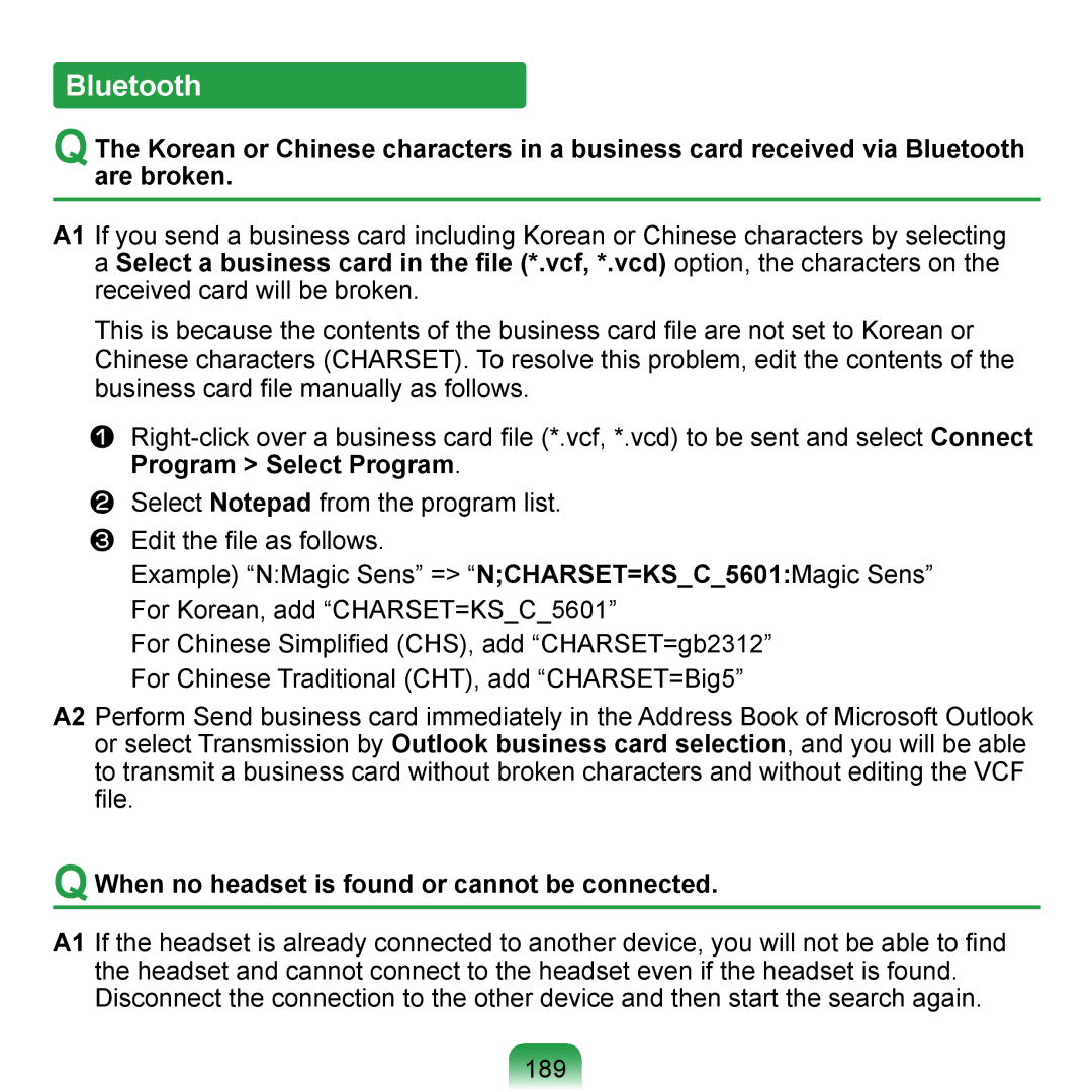 Samsung NP-Q1U/BAY/SEG, NP-Q1U/YM/SEG, NP-Q1U/001/SEG manual Bluetooth, When no headset is found or cannot be connected, 189 