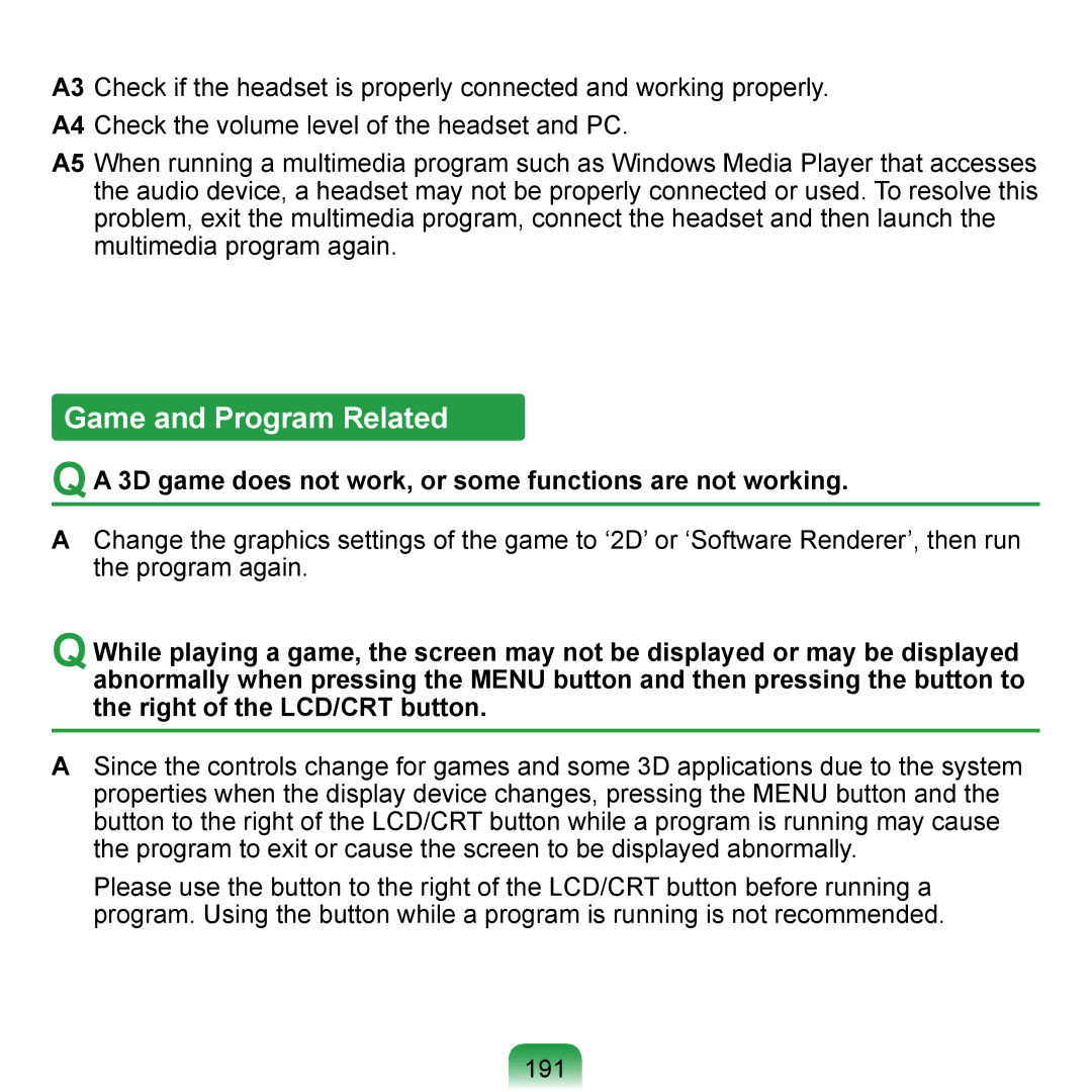 Samsung NP-Q1U/002/SEF, NP-Q1U/YM/SEG Game and Program Related, 3D game does not work, or some functions are not working 